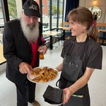 Focaccia with romesco, piparra pepper and a marinated maitake