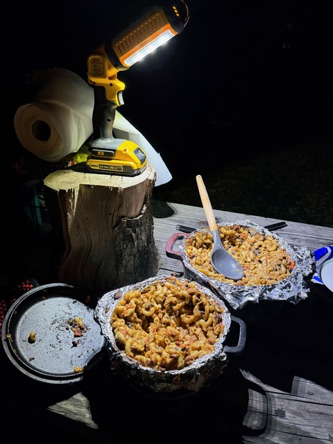 A whole mess of dutch oven chili mac